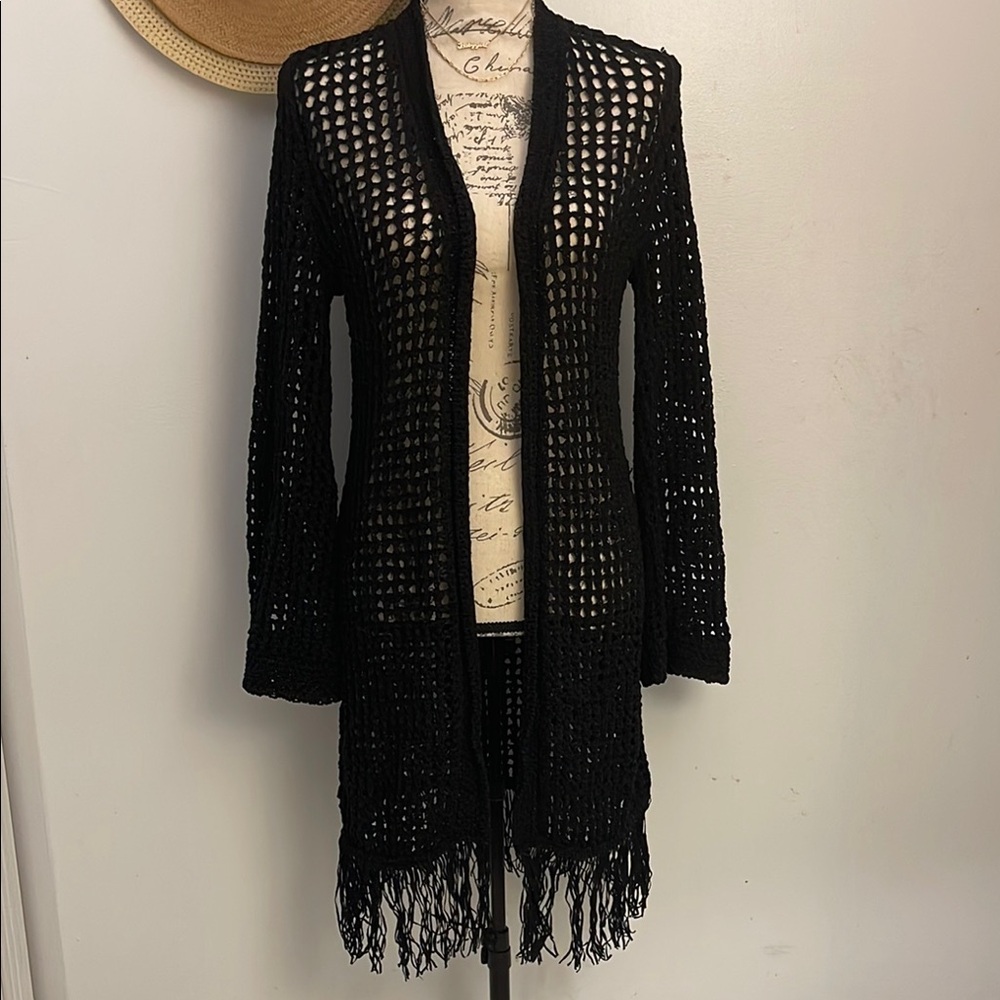 BCBGMAXAZRIA Fringed Open-Knit Cardigan Size XS